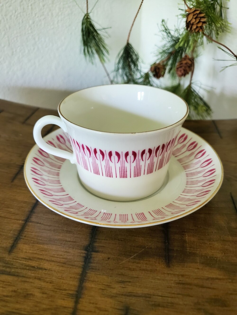 Upsala-Ekeby Karlskrona Pink & Gold Porcelain Teacup Cup MCM Vintage Sweden